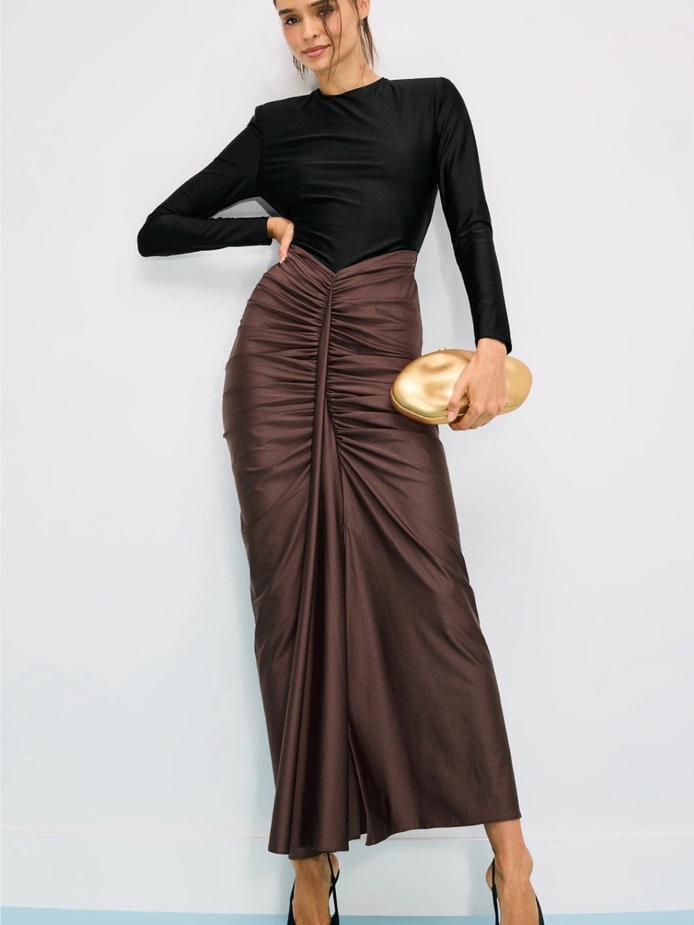 Brown Ruched Maxi Dress with Sleek Black Bodice